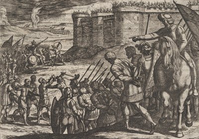 Plate 16: Romerske fanger før den gamle festningen, fra The War of the Romans Against the B..., 1611. av Antonio Tempesta