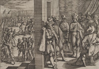 Plate 18: Civilis hemmelige møte med andre ledere fra Trier, fra The War of the Rom..., 1611. av Antonio Tempesta