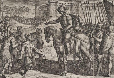 Plate 19: Menn fra festningen overgir seg og lover livet til Civilis, fra krigen ..., 1611. av Antonio Tempesta