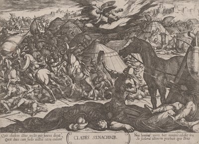 Plate 21: Herrens engel som overvinner Sanheribs hær, fra 'Th..., ca. 1590-ca. 1610. av Antonio Tempesta