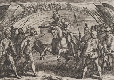 Plate 22: Civilis skiller tyske og nederlandske tropper, fra The War of the Romans Against th..., 1611. av Antonio Tempesta