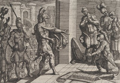 Plate 26: Cerialis benåder og avlaster romerske soldater som hadde hjulpet Civilis, fra The Wa..., 1611. av Antonio Tempesta