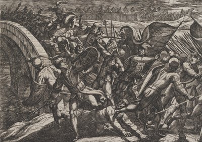 Plate 27: Nederlenderne under et overraskelsesangrep av den romerske leiren ved Mosel, fra The Wa..., 1611. av Antonio Tempesta