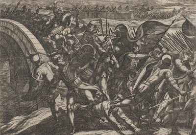 Plate 27: Nederlenderne under et overraskelsesangrep av den romerske leiren ved Mosel, fra The Wa..., 1611. av Antonio Tempesta