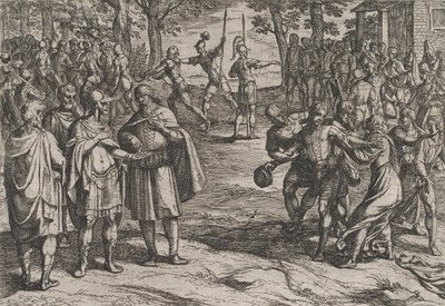 Plate 2: Romerne tar gamle nederlandske menn som gisler og forfører unge, fra krigen..., 1611. av Antonio Tempesta