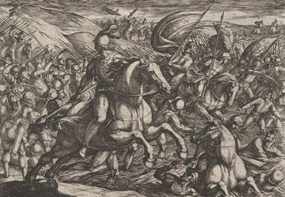 Plate 30: Cerialis driver nederlenderne inn i Rhinen, fra The War of the Romans Against th..., 1611. av Antonio Tempesta