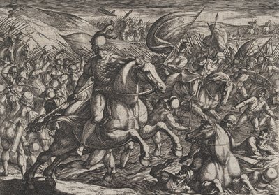 Plate 30: Cerialis driver nederlenderne inn i Rhinen, fra The War of the Romans Against th..., 1611. av Antonio Tempesta