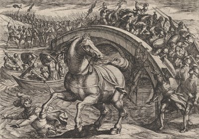Plate 31: Civilis tvunget til å stige av og svømme over elven, fra The War of the Romans..., 1611. av Antonio Tempesta