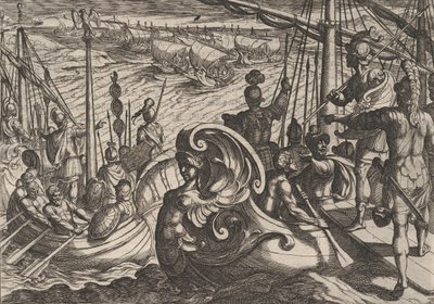 Plate 33: Nederlandske og romerske flottiller på Rhinen, fra The War of the Romans Against the B..., 1611. av Antonio Tempesta
