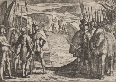 Plate 35: Bataverne blir redde og begynner fredssamtaler, fra The War of the Romans Ag..., 1611. av Antonio Tempesta
