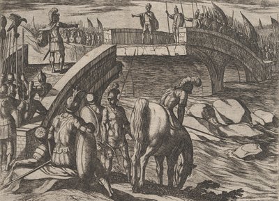 Plate 36: Civilis og Cerialis møtes på en ødelagt bro for å komme til enighet, fra The War of..., 1611. av Antonio Tempesta