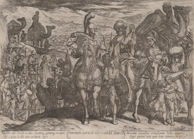 Plate 3: Abraham tar Lot og hans familie til sitt eget land, fra 'The Battles..., ca. 1590-ca. 1610. av Antonio Tempesta