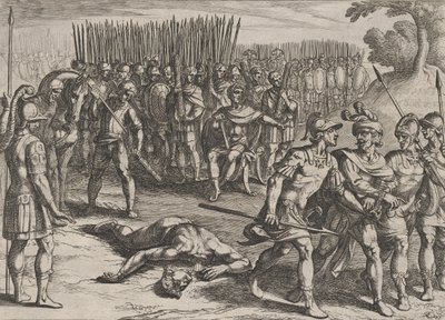 Plate 3: Claudius Civilis arrestert og hans bror Paulus halshugget, fra The War of the Ro..., 1611. av Antonio Tempesta