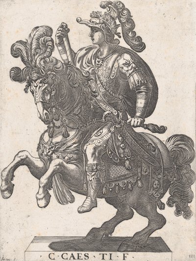Plate 4: Keiser Gaius til hest, fra 'De første tolv romerske keiser', 1596. av Antonio Tempesta
