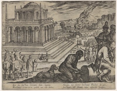 Plate 5: Mausolus grav, steinmurere lager en søyle til høyre, fra The Seven Wonders..., 1608. av Antonio Tempesta