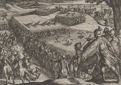 Plate 6: Romerne beseiret nær Rhinen, fra The War of the Romans Against the Batavians ..., 1611. av Antonio Tempesta