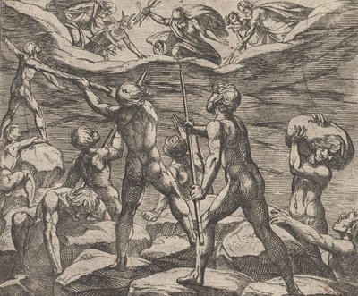 Plate 6: Kjempene forsøker å storme Olympus Gigantomachia, fra Ovids 