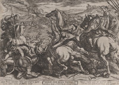Plate 6: Israelittene beseiret av kanaaneerne for å ha vært ulydig mot Moses..., ca. 1590-ca. 1610. av Antonio Tempesta