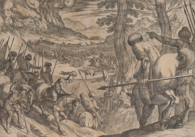 Plate 8: Alexander Encircling the Enemy Troops with Fire, fra The Deeds of Alexander the ..., 1608. av Antonio Tempesta