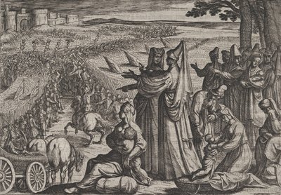 Plate 8: Kvinner og barn observerer Civilis som kjemper mot romerne, fra The War of the Roma..., 1611. av Antonio Tempesta