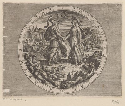 Roma en Batavia schudden hverandre de hånden Society of the Romans and the Dutch (tittel på objekt) De Bataafse oorlogen tegen de Romeinen (serietittel) Slaget om nederlenderne med romerne (serietittel) av Antonio Tempesta