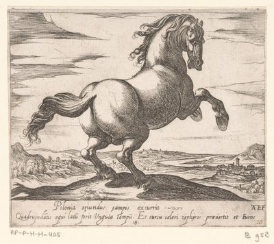 Steigerend paard naar rechts gewend Paarden uit verschiedelden landen (serietittel) Med disse lederne vil du bli feiret som en leder med viroru-munn. av Antonio Tempesta