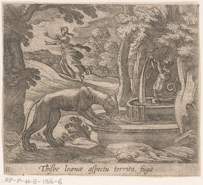 Thisbe vlucht voor the leeuwin av bron Dette er aspektet ved territoriumfugten (tittel på objekt) Metamorfose og transformasjon (serietittel) The Metamorphoses of Ovid (serietittel) av Antonio Tempesta