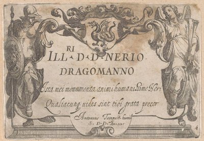 Titteltrykk med kartusj med dedikasjon, flankert av Minerva og Faam Jaktscener (del 1) (serietittel) av Antonio Tempesta