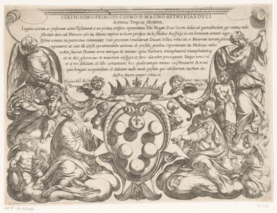 Titteltrykk med dedikasjon til og våpenskjold til Cosimo II de