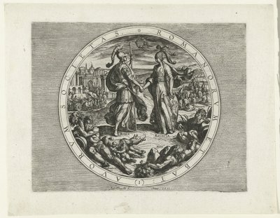 Titelprent voor de serie De Bataafse Opstand, 69-70 Society of the Romans and the Dutch (1) (tittel på objekt) De Bataafse Opstand (serietittel) Nederlendernes krig med romerne, à Cor. Tacito / De Batavische Oft Oude Hollandtsche Oorloghe teghen de Romeyne av Antonio Tempesta