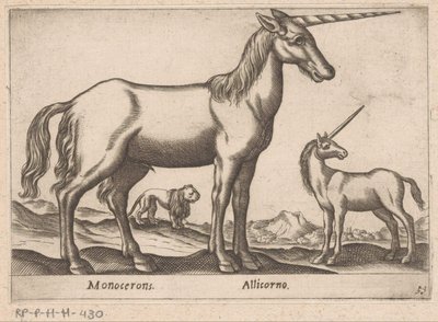 To enhjørninger og en løve Monocerons/ Allicorno (tittel på objekt) Dyr og mytiske skapninger (serietittel) Nova raccolta de li animali piu curiosi del mondo (serietittel) av Antonio Tempesta