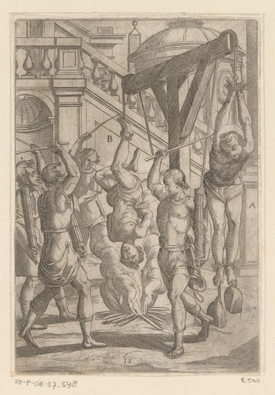 Brennende henger opp ned og slår Tortur påført av kristne martyrer (serietittel) Varia tormentorum et supplicioru crudelium (...) (serietittel) av Antonio Tempesta