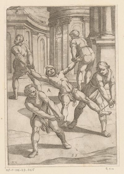 Fire menn trekker i helgenens lemmer Tortur påført av kristne martyrer (serietittel) Varia tormentorum et supplicioru crudelium (...) (serietittel) av Antonio Tempesta