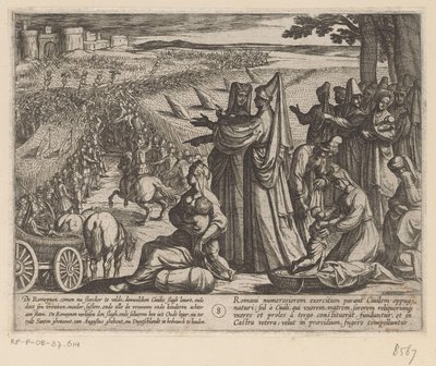 Kvinner og barn ser Julius Civilis beseire romerne De bataviske krigene mot romerne (serietittel) Batavorum cum Romanis Bellum (serietittel) av Antonio Tempesta