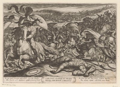 Sauls selvmord etter hans nederlag av filistrene Saul post cladem et necem fillor sibl morte conscivit (tittel på objekt) Det gamle testamente kampscener (serietittel) av Antonio Tempesta