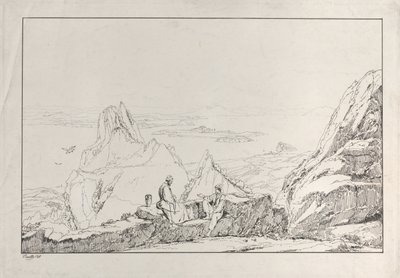 Fjelllandskap med to menn i forgrunnen, 1828. av Antonio Vianello