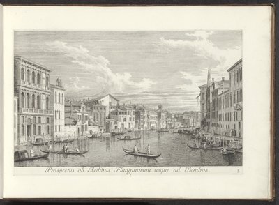 Se på Canal Grande og Palazzo Flangini i Venezia Utsikt fra husene til Flanginos til Bembos (tittel på objekt) Den mest kjente utsikten over byen Venezia, fra Antoniuskanalens 38 paneler, trykt i messing av Antonio Visentini, i tre deler av Antonio Visentini