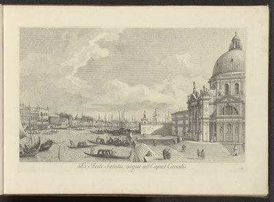 Utsikt over Canal Grande en de Santa Maria della Salute te Venetië Fra salutthuset, opp til kanalhodet (tittel på objekt) Den mest kjente utsikten over byen Venezia, fra de 38. panelene til Antonius-kanalen, trykt på lufta av Antonio Visentini i tre deler av Antonio Visentini
