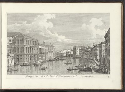 Utsikt over Canal Grande te Venetië Utsikt fra husene i Pisa til St. Jeremia (tittel på objekt) Den mest kjente utsikten over byen Venezia, fra Antoniuskanalens 38 paneler, trykt på messing av Antonio Visentini, delt inn i tre deler. den andre delen av Antonio Visentini