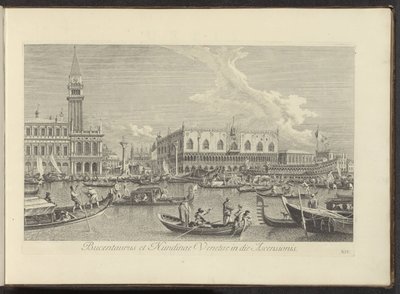 Se på Canal Grande te Venetië med Bucintoro van de doge Bucentaurus og Nundinae Venetae på himmelfartsdagen (tittel på objekt) Den mest kjente utsikten over byen Venezia, fra Antoniuskanalens 38 paneler, trykt på lufta av Antonio Visentini av Antonio Visentini