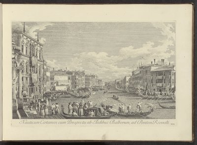 Se på Canal Grande te Venetië hvor de Regata plassvindt Nautisk konkurranse med utsikt fra husene i Balbore til Rivoalti-broen (tittel på objekt) Mer kjent utsikt over byen Venezia, fra Antonius Canal 38 paneler trykt på luft av Antonio av Antonio Visentini