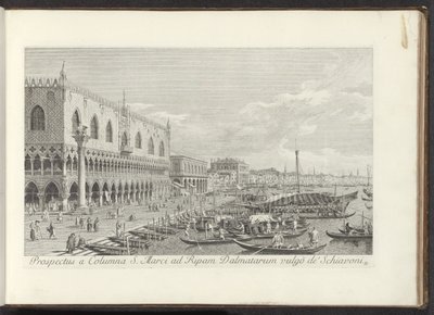 Hoek van het San Marcoplein met het Dogepaleis en de zuil met de Leeuw van Venetië Prospectus a Columna S. Marci ad Ripam Dalmatarum vulgò de