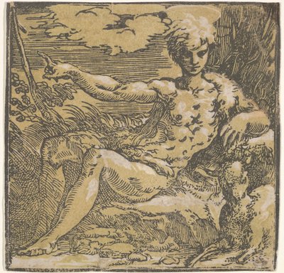 Døperen Johannes i ørkenen, et lam ved hans side, ca. 1527-30. av Antonio da Trento