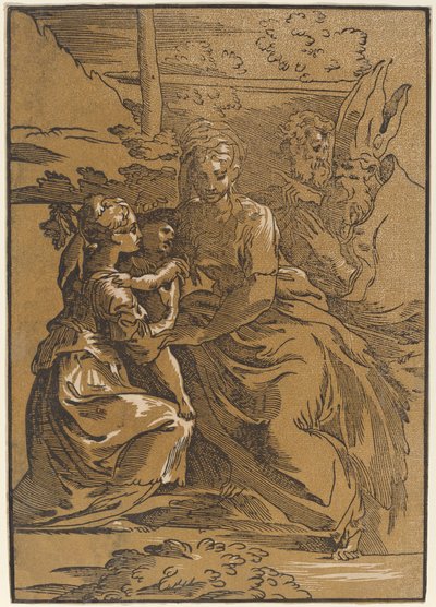 Den hellige familie med to hellige. av Antonio da Trento