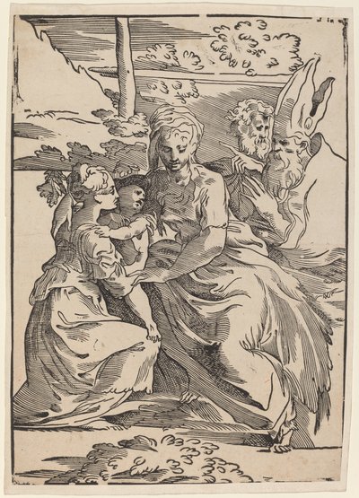 Den hellige familie med to hellige. av Antonio da Trento