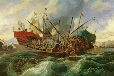 Sjøslaget ved Lepanto mellom Den hellige liga og tyrkerne i 1571 (olje på lerret) (detalj) av Antonio de Brugada