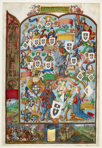 Genealogisk tre til kongene av Portugal som viser nedstigningen fra Sancho Capello og Alfonso III. Nedre margin: slaget ved Salado i 1340 av Antonio de Hollanda