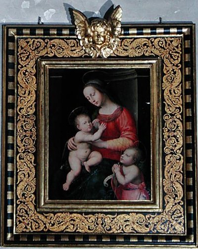 Madonna og barn med døperen Johannes (olje på panel) av Antonio del Ceraiolo