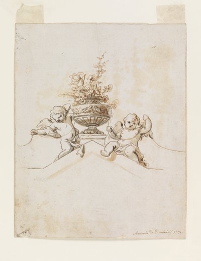 To Putti ved siden av en vase med blomster av Antonio di Dominici