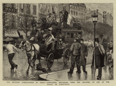 Den militære verneplikten i Paris, vernepliktige som returnerer fra loddtrekningen ved Palais de L
